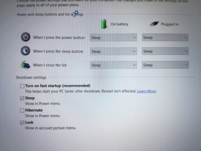 Windows Power & Sleep Advanced settings detail